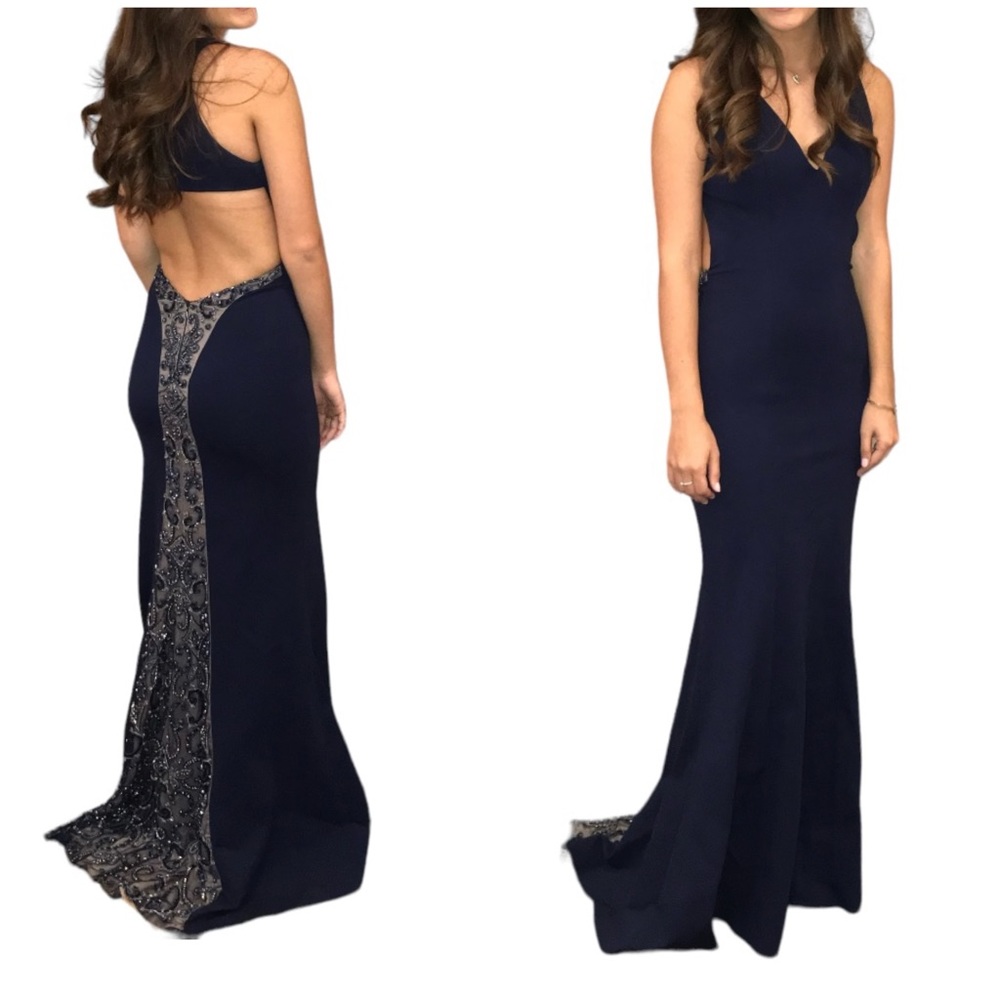 Sherri Hill Stunning Navy Beaded Train Backless Formal Prom Gown Size 2
